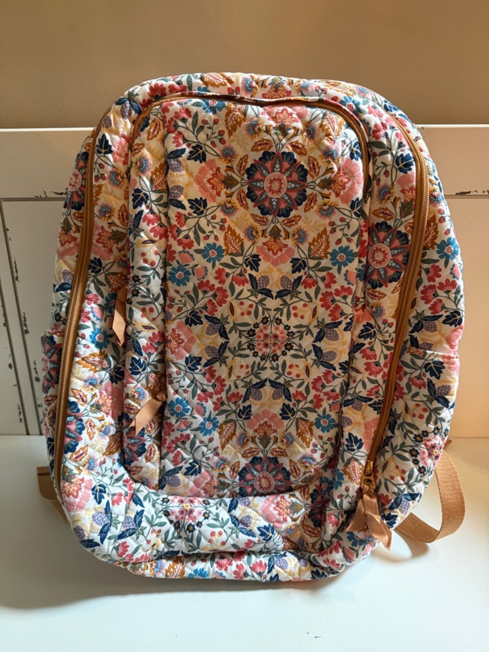 Quilted Floral Print Women's Travel Backpack - Pink & Blue Floral